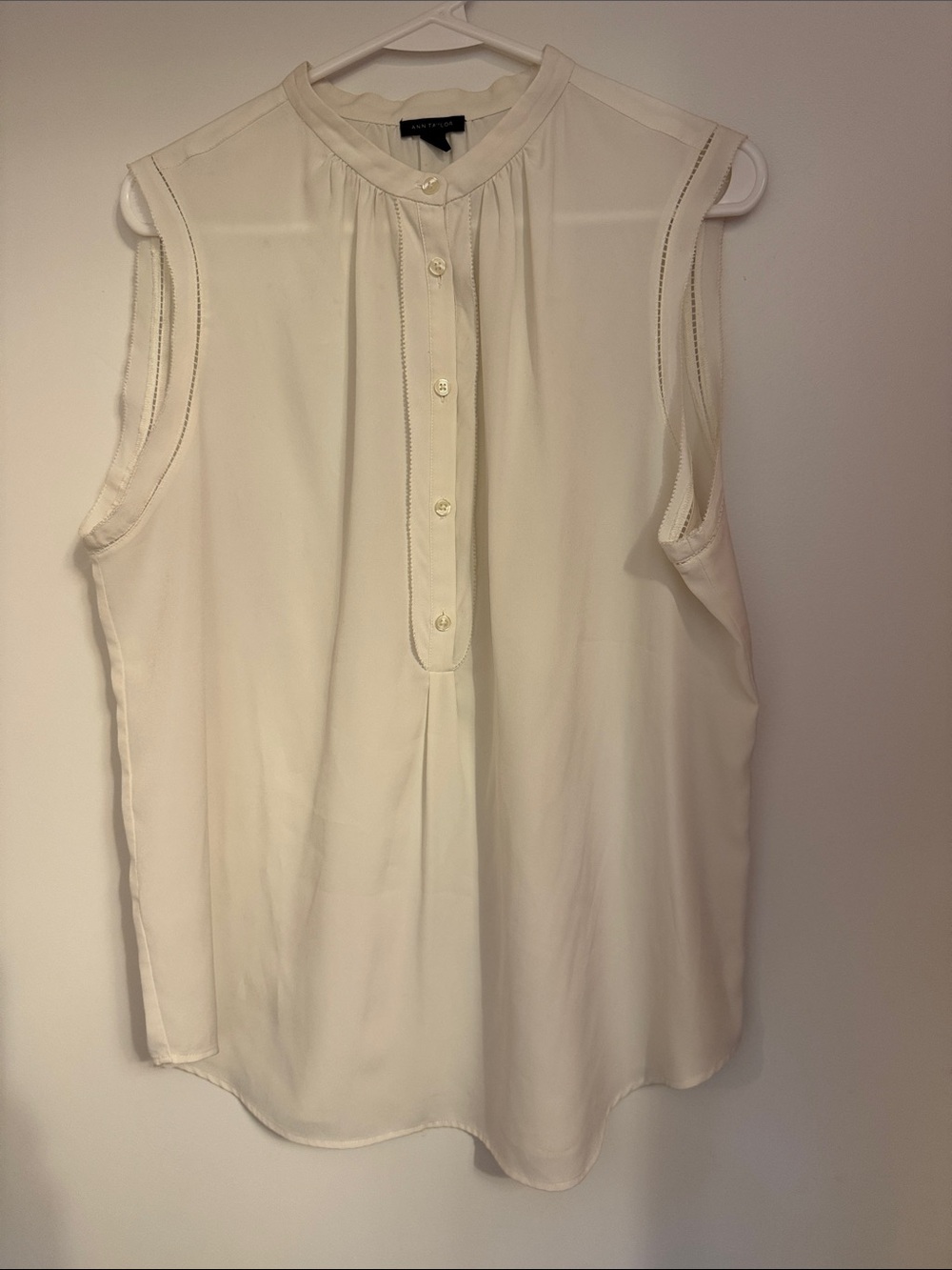Ann Taylor Cream Sleeveless Pintuck Button-Blouse
